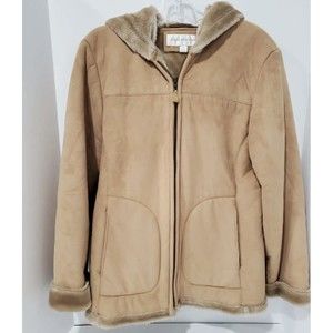 Jones New York Beige Faux Sheepskin Fur Lining Coat/Jacket Hooded Womens Size S